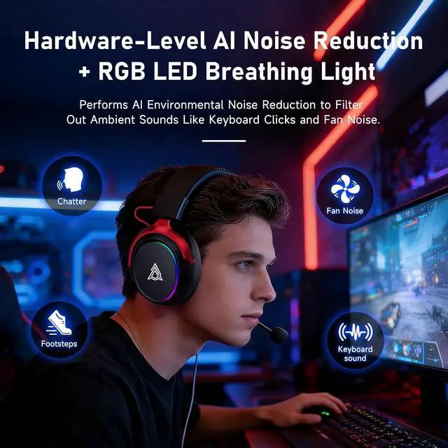 Alt view image 5 of 7 - AHM10 MAX Wireless Gaming Headset, Compatible with PC, PS5, Xbox Series X|S, 53mm, Memory Foam Ear Cushions, Aluminum Alloy Frame, 360° Noise-canceling, 2000mAh Battery, 7.1 Surround Sound. Black