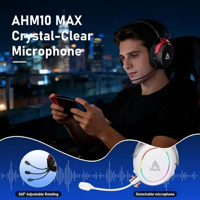 Alt view image 2 of 7 - AHM10 MAX Wireless Gaming Headset, Compatible with PC, PS5, Xbox Series X|S, 53mm, Memory Foam Ear Cushions, Aluminum Alloy Frame, 360° Noise-canceling, 2000mAh Battery, 7.1 Surround Sound. Black