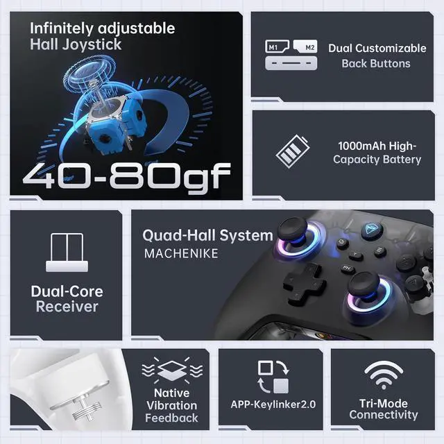 Alt view image 5 of 7 - G3V2 Bluetooth Controller for Pc/Switch/Ios/Android, Hall Effect Joysticks, RGB Lighting Gaming Controller,2 Programmable Buttons,1000mah Battery With Charging Station