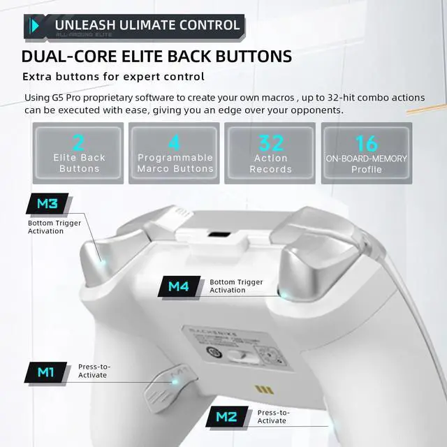 Alt view image 4 of 6 - G5Pro Wireless Gaming Controller for Windows PC,Switch,IOS,Android,PC Controller Hall Effect Joystick/Triggers/Gyroscope,RGB Lights,Frost White