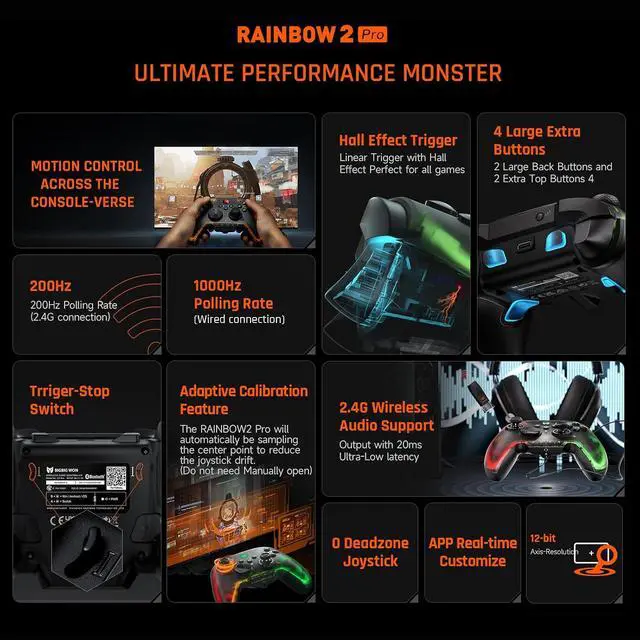 Alt view image 6 of 7 - Wireless Controller, Rainbow 2 Pro PC Controllers Motion Aiming, Hall Triggers, ALPS Joystick, Custom Button, 3.5mm Audio Gaming Controller for PC Windows/Android/iOS/Switch Controllers