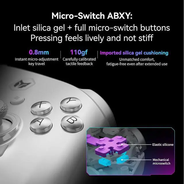 Alt view image 4 of 7 - Rainbow 3 Wireless PC Gaming Controller Capacitive Joystick 2000Hz Polling Rate 16 Mechanical Keys 14 Custom RGB Lights 6-Axis Gyro Sensor Hall/Micro-switch Trigger 3.5mm Audio Jack Gamepad for PC/Swi