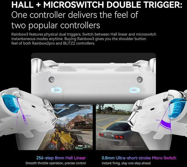 Alt view image 2 of 7 - Rainbow 3 Wireless PC Gaming Controller Capacitive Joystick 2000Hz Polling Rate 16 Mechanical Keys 14 Custom RGB Lights 6-Axis Gyro Sensor Hall/Micro-switch Trigger 3.5mm Audio Jack Gamepad for PC/Swi