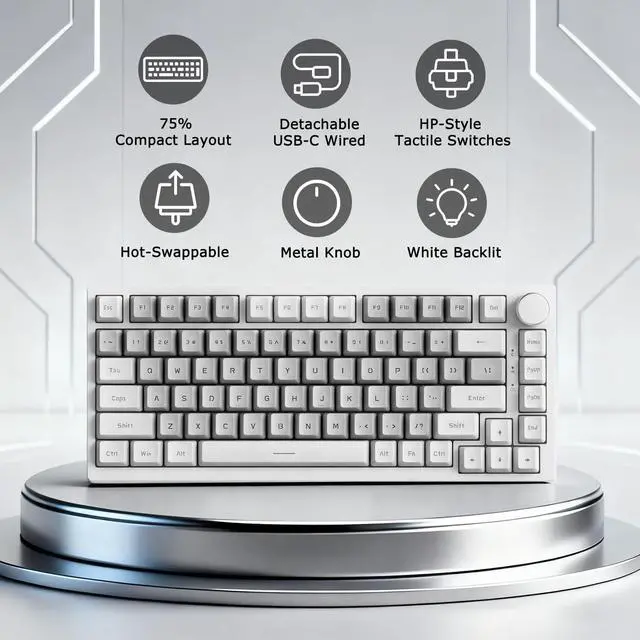 Alt view image 4 of 7 - AK820 Wired 75% Mechanical Keyboard, HP-Style Tactile, Hot-Swappable | 81key PBT keycaps, White Backlit 20 modes, Metal Volume Knob, USB-C, Gasket Mount, 5-layer Foam, Dual Drivers Options, PC/Mac