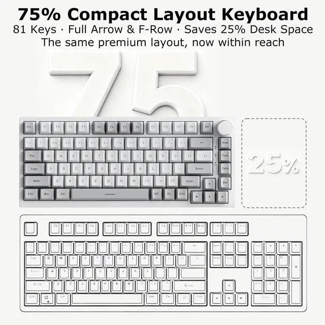 Alt view image 6 of 7 - AK820 Wired 75% Mechanical Keyboard, HP-Style Tactile, Hot-Swappable | 81key PBT keycaps, White Backlit 20 modes, Metal Volume Knob, USB-C, Gasket Mount, 5-layer Foam, Dual Drivers Options, PC/Mac