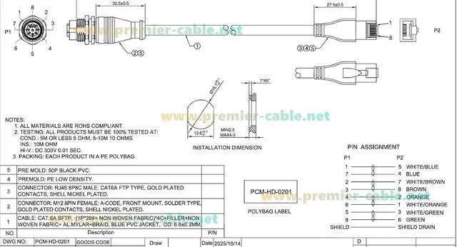 Alt view image 6 of 7 - M12 8Pin A Code Female to RJ45 Male Cable Bulkhead Panel Mount 1Gbps CAT6A Industrial Ethernet Cable IP67 Shielded for Profinet, EtherCAT, PLC, Robotics, GigE Vision Cameras(0.3m)