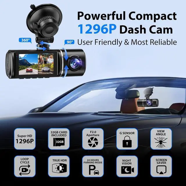 Alt view image 4 of 6 - Dash Cam Front and Rear, 1296P Dash Camera for Cars, 3 Channel Car Camera Front Rear and Inside with 32GB Card, Loop Recording, Night Vision, HDR, 24Hr Parking, G-Sensor
