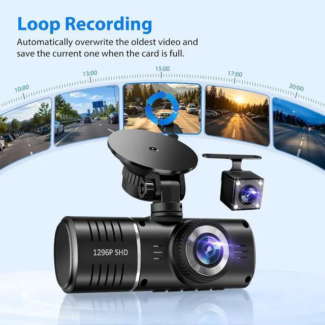 Alt view image 6 of 6 - Dash Cam Front and Rear, 1296P Dash Camera for Cars, 3 Channel Car Camera Front Rear and Inside with 32GB Card, Loop Recording, Night Vision, HDR, 24Hr Parking, G-Sensor