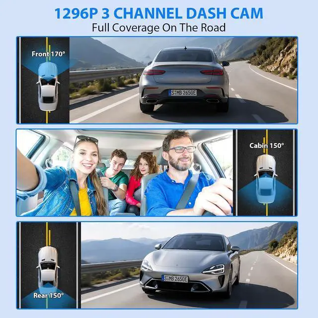 Alt view image 3 of 6 - Dash Cam Front and Rear, 1296P Dash Camera for Cars, 3 Channel Car Camera Front Rear and Inside with 32GB Card, Loop Recording, Night Vision, HDR, 24Hr Parking, G-Sensor