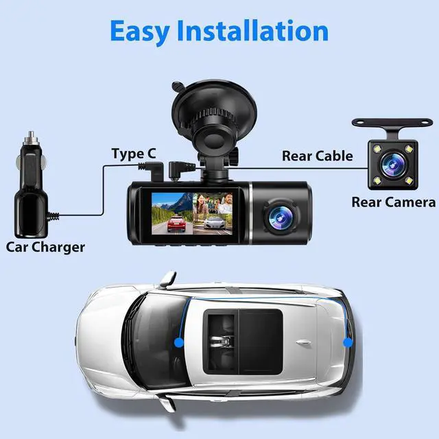 Alt view image 2 of 6 - Dash Cam Front and Rear, 1296P Dash Camera for Cars, 3 Channel Car Camera Front Rear and Inside with 32GB Card, Loop Recording, Night Vision, HDR, 24Hr Parking, G-Sensor