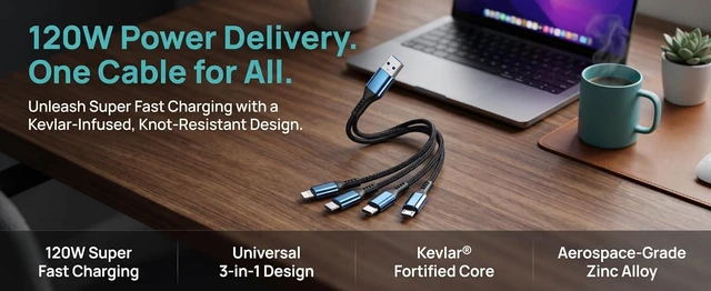Alt view image 4 of 7 - 3-in-1 Charging Cable 1.2M, Nylon Braided Multi USB Fast Charging Cable with USB-C for iOS Android Devices