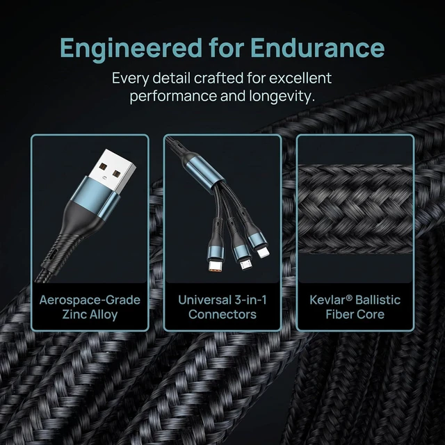 Alt view image 2 of 7 - 3-in-1 Charging Cable 1.2M, Nylon Braided Multi USB Fast Charging Cable with USB-C for iOS Android Devices