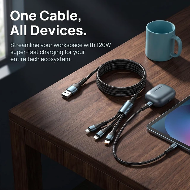 Alt view image 7 of 7 - 3-in-1 Charging Cable 1.2M, Nylon Braided Multi USB Fast Charging Cable with USB-C for iOS Android Devices