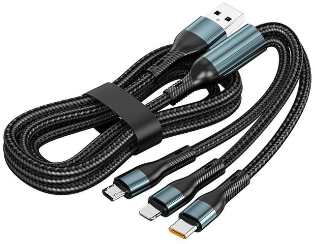 Main image of 3-in-1 Charging Cable 1.2M, Nylon Braided Multi USB Fast Charging Cable with USB-C for iOS Android Devices