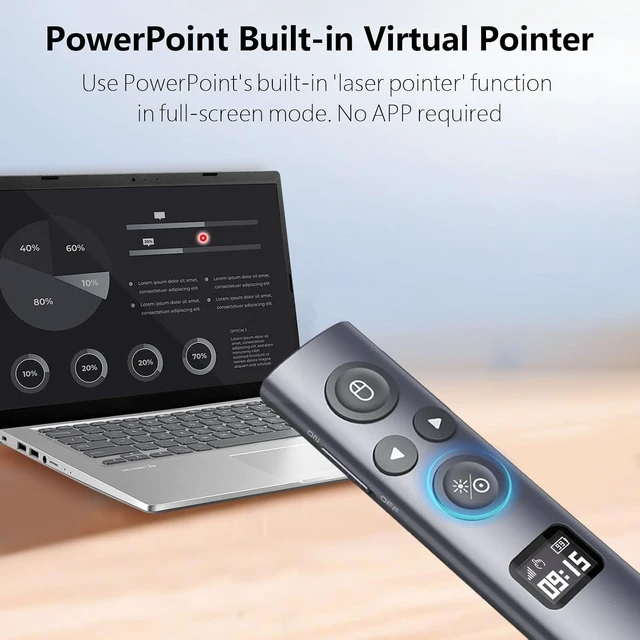 Alt view image 6 of 7 - N95s Presentation Remote, Slide Clicker for PowerPoint Presentations
Digital pointer, spotlight, magnifier works on any screen. Tripleconnect via BT, or plug in the USBC / A. 328ft range