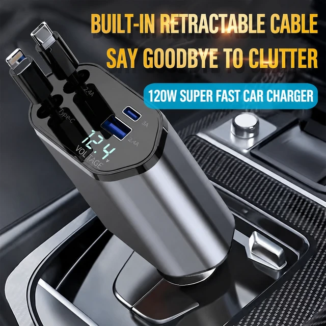 Alt view image 2 of 2 - 120W Super Fast Car Charger, Dual Retractable Cables (Lightning & Type-C) for Multi-Device Charging, LED Digital Voltage Display, Aluminum Alloy Body, USB-A & Type-C Ports, Car Accessories