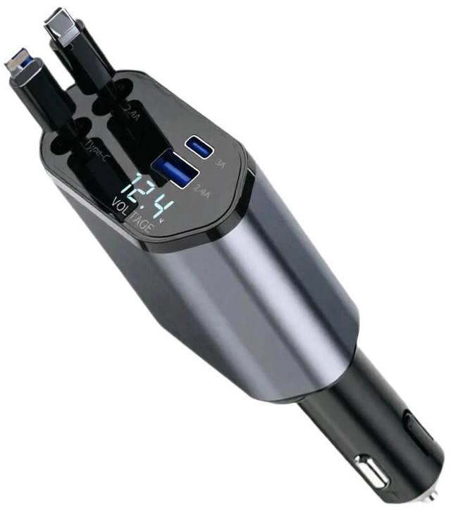 Main image of 120W Super Fast Car Charger, Dual Retractable Cables (Lightning & Type-C) for Multi-Device Charging, LED Digital Voltage Display, Aluminum Alloy Body, USB-A & Type-C Ports, Car Accessories