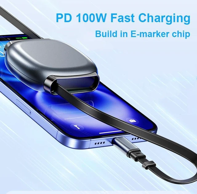 Alt view image 4 of 6 - 100W USB C to USB C Fast Charging Retractable Cable, 1m Type-C Charging Cord with Retractable Reel, Pure Copper Conductors, PVC/ABS Housing, Flat Cable, Compact & Tangle-Free WHITE