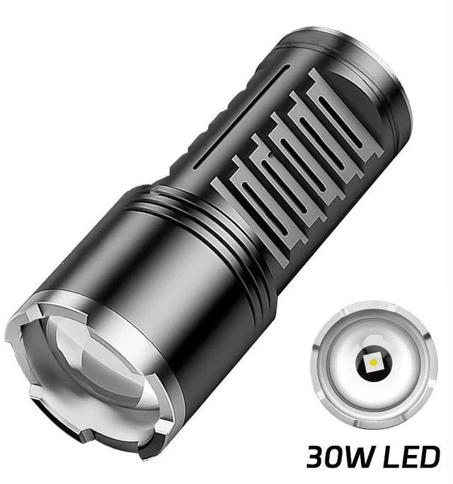 Main image of 30W LED High-Power Flashlight, Aluminum Alloy Body, Built-in 3x 18650 Batteries (6000mAh), USB-C Rechargeable, IP55 Waterproof, Telescopic Zoom Focus, for Camping & Outdoor
