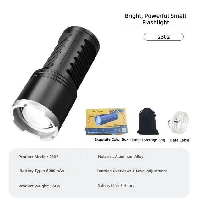 Alt view image 6 of 6 - 30W LED High-Power Flashlight, Aluminum Alloy Body, Built-in 3x 18650 Batteries (6000mAh), USB-C Rechargeable, IP55 Waterproof, Telescopic Zoom Focus, for Camping & Outdoor
