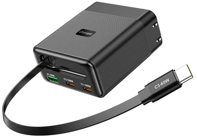 Main image of 100W Fast Charging USB Wall Charger with Built-in Magnetic Retractable USB-C Cable (65W), QC PD Fast Charge, 4 Outputs (2x USB-C 100W + USB-A 30W) for iPad, Phone & Laptop, Foldable Plug, Desktop Desi