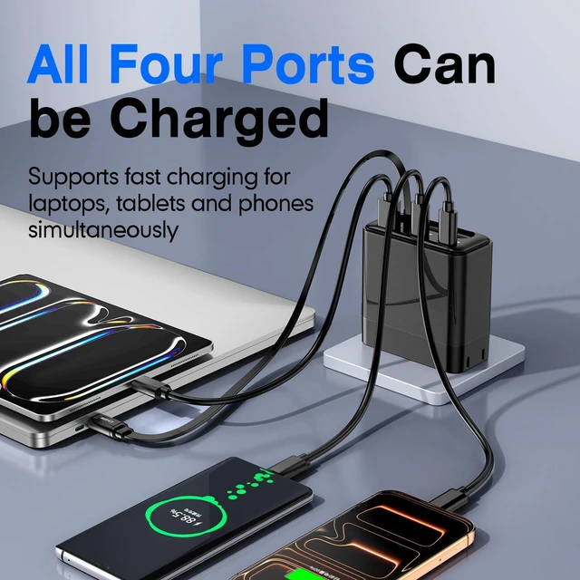Alt view image 6 of 6 - 100W Fast Charging USB Wall Charger with Built-in Magnetic Retractable USB-C Cable (65W), QC PD Fast Charge, 4 Outputs (2x USB-C 100W + USB-A 30W) for iPad, Phone & Laptop, Foldable Plug, Desktop Desi