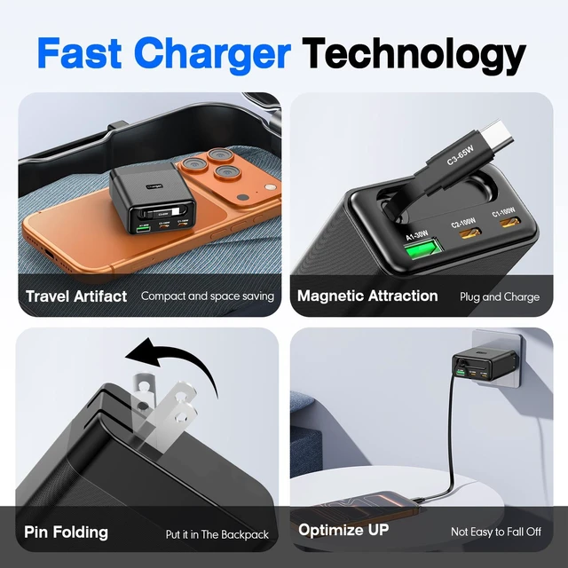 Alt view image 4 of 6 - 100W Fast Charging USB Wall Charger with Built-in Magnetic Retractable USB-C Cable (65W), QC PD Fast Charge, 4 Outputs (2x USB-C 100W + USB-A 30W) for iPad, Phone & Laptop, Foldable Plug, Desktop Desi