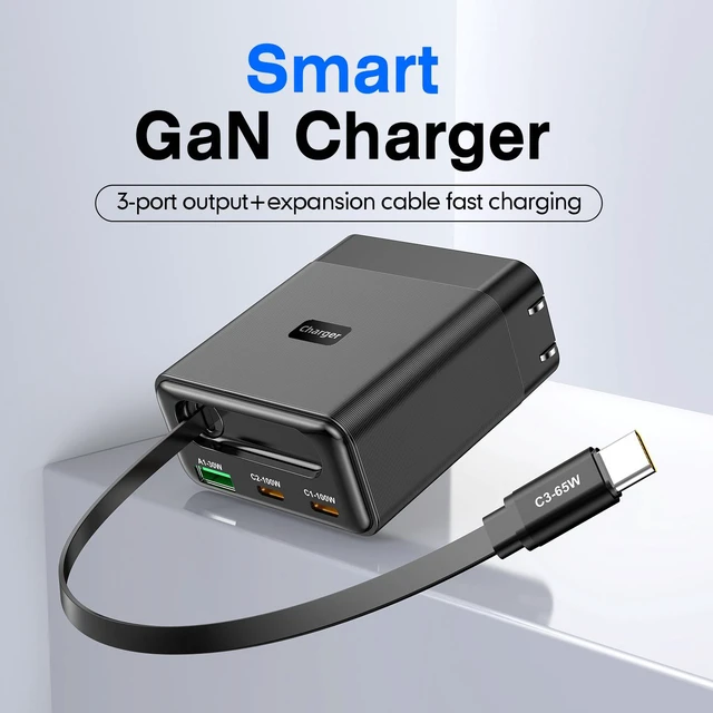 Alt view image 5 of 6 - 100W Fast Charging USB Wall Charger with Built-in Magnetic Retractable USB-C Cable (65W), QC PD Fast Charge, 4 Outputs (2x USB-C 100W + USB-A 30W) for iPad, Phone & Laptop, Foldable Plug, Desktop Desi