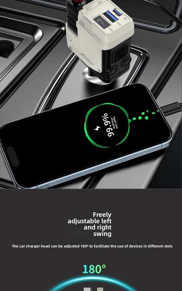 Alt view image 5 of 5 - 120W 4-in-1 Retractable Car Charger, PD QC3.0 Fast Charging, Dual Retractable Cables (Lightning & Type-C) with Extra USB Ports, 180° Adjustable Head & 360° Rotation, Digital Display, Fireproof Shell