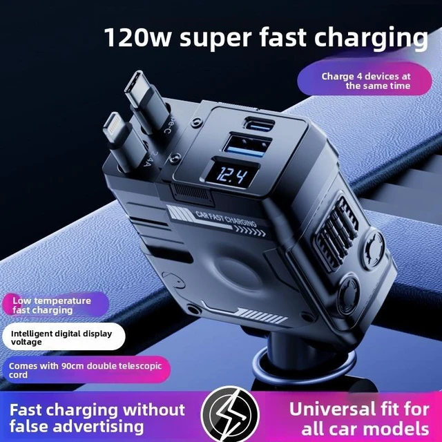 Alt view image 4 of 5 - 120W 4-in-1 Retractable Car Charger, PD QC3.0 Fast Charging, Dual Retractable Cables (Lightning & Type-C) with Extra USB Ports, 180° Adjustable Head & 360° Rotation, Digital Display, Fireproof Shell
