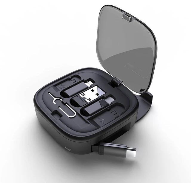 Main image of The end of "which cable did I forget?" This compact storage box gathers everything you need to stay charged in one place: a built-in retractable cable plus a set of interchangeable adapters, all organ