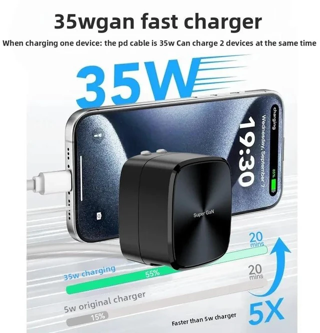 Alt view image 3 of 6 - 35W GaN Fast Wall Charger with Built-in Retractable Type-C Cable, Super GaN Compact Dual-Output Design (Retractable USB-C Cable + USB-C Port) for Phone, Tablet & Earbuds