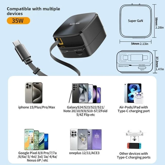Alt view image 4 of 6 - 35W GaN Fast Wall Charger with Built-in Retractable Type-C Cable, Super GaN Compact Dual-Output Design (Retractable USB-C Cable + USB-C Port) for Phone, Tablet & Earbuds