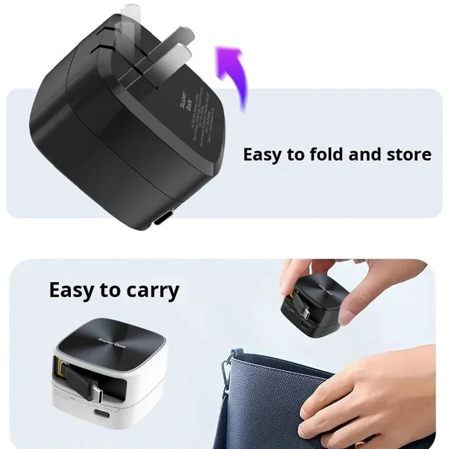 Alt view image 5 of 6 - 35W GaN Fast Wall Charger with Built-in Retractable Type-C Cable, Super GaN Compact Dual-Output Design (Retractable USB-C Cable + USB-C Port) for Phone, Tablet & Earbuds