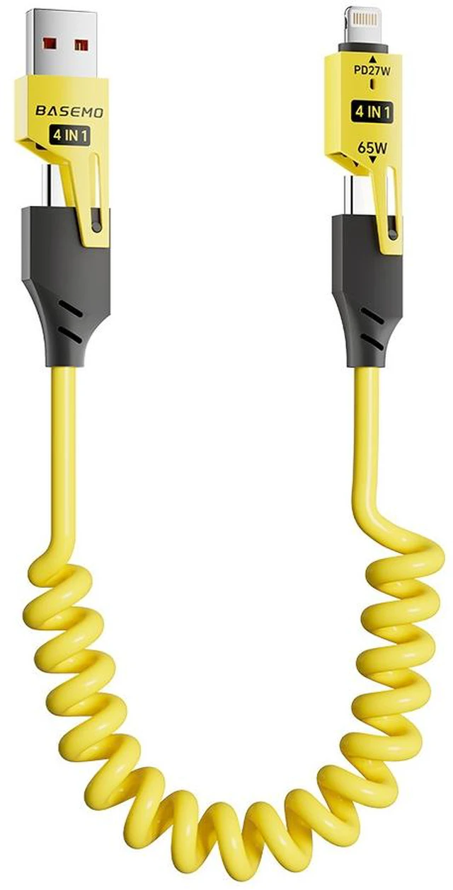 Main image of 4-in-1 Spring Coiled Cable 65W+27W, USB-A & USB-C Input to Lightning & USB-C Output, Stretchable Retractable Charging Data Cord for Phone, Tablet & Car, PD Fast Charge & Data Transfer-5pcs