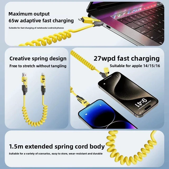 Alt view image 2 of 3 - 4-in-1 Spring Coiled Cable 65W+27W, USB-A & USB-C Input to Lightning & USB-C Output, Stretchable Retractable Charging Data Cord for Phone, Tablet & Car, PD Fast Charge & Data Transfer-5pcs