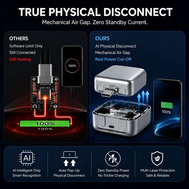 Alt view image 2 of 7 - 140W Smart Auto Stop Charging Adapter, USB-C Fast Charger with Physical Cut-Off, Automatic Power-Off Timer for Phone, Tablet & All USB Devices, Prevents Overcharging, Extends Battery Life