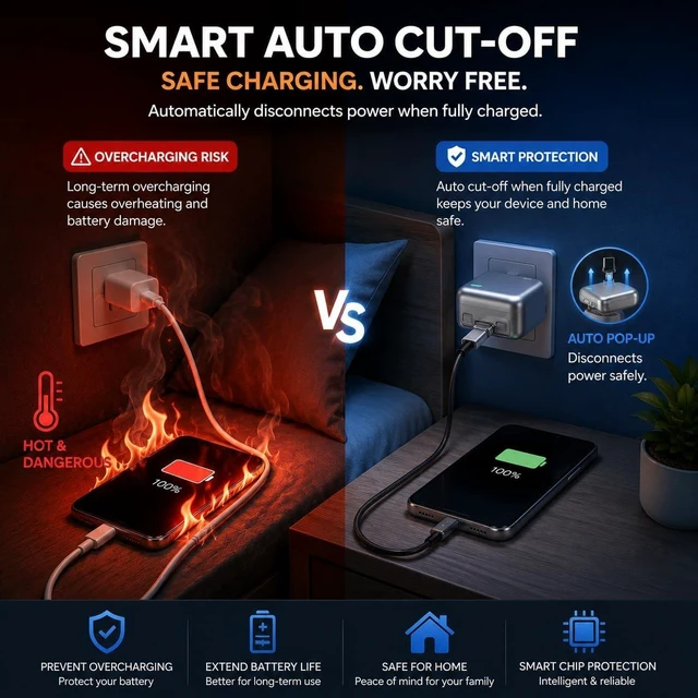Alt view image 6 of 7 - 140W Smart Auto Stop Charging Adapter, USB-C Fast Charger with Physical Cut-Off, Automatic Power-Off Timer for Phone, Tablet & All USB Devices, Prevents Overcharging, Extends Battery Life