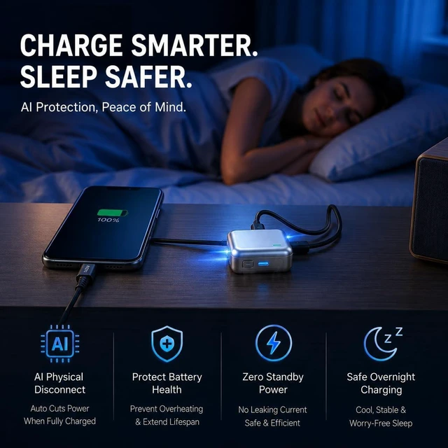 Alt view image 7 of 7 - 140W Smart Auto Stop Charging Adapter, USB-C Fast Charger with Physical Cut-Off, Automatic Power-Off Timer for Phone, Tablet & All USB Devices, Prevents Overcharging, Extends Battery Life