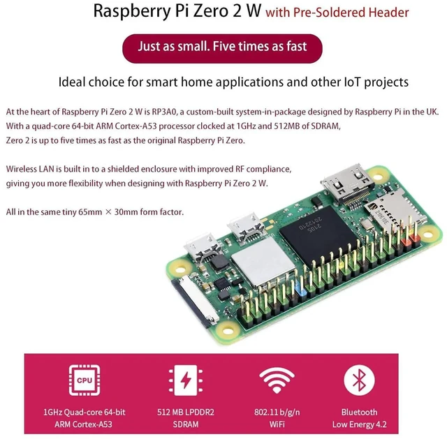 Alt view image 2 of 6 - Pi Zero 2 WH-Pi Zero 2 W with Color Pre Soldered Header, 1GHz Quad-Core Arm Cortex-A53 CPU, WiFi & Bluetooth 4.2 BLE, Five Times Faster