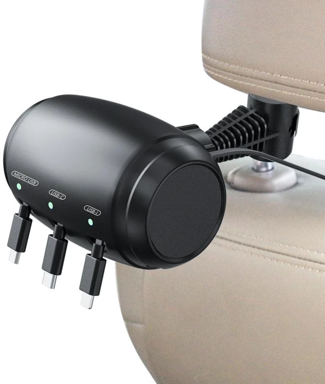 Main image of Backseat 3-in-1 Car Charging Station Box, Headrest Mount Charger with 3 Built-in Charging Cables & LED Indicators, Compatible with All Phones, for Car, Taxi & Rideshare Backseat Passengers