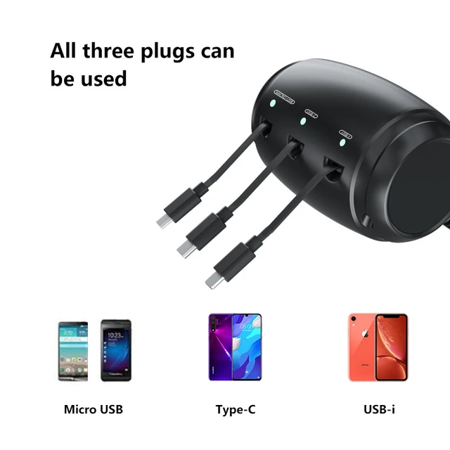 Alt view image 2 of 3 - Backseat 3-in-1 Car Charging Station Box, Headrest Mount Charger with 3 Built-in Charging Cables & LED Indicators, Compatible with All Phones, for Car, Taxi & Rideshare Backseat Passengers
