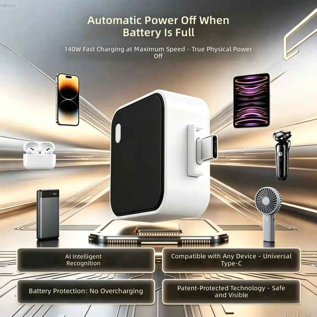 Alt view image 4 of 4 - 140W Full-Power Type-C Fast Charger with Digital Wattage Display, Auto Power-Off When Fully Charged, AI Device Recognition, PC Fireproof Material, Direct-Plug Design, Anti-Overcharge Battery Protectio