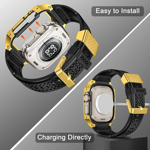 Alt view image 6 of 7 - SUPLINK for Apple Watch Ultra 2 Bands/4/1/Apple Ultra Watch 3 Bands for Men
Silicone Band with Stainless Steel Rugged Case Protective Bumper for iWatch Bands Men, Gold