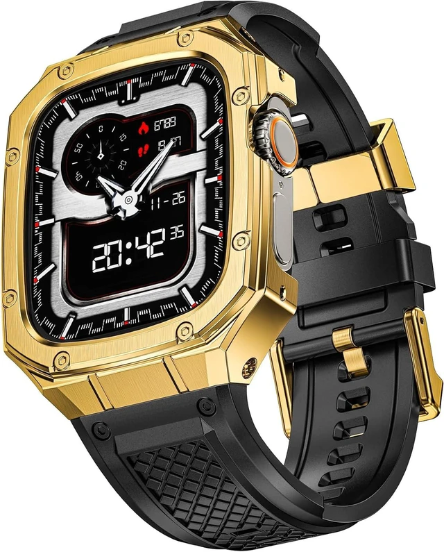 Main image of SUPLINK for Apple Watch Ultra 2 Bands/4/1/Apple Ultra Watch 3 Bands for Men
Silicone Band with Stainless Steel Rugged Case Protective Bumper for iWatch Bands Men, Gold