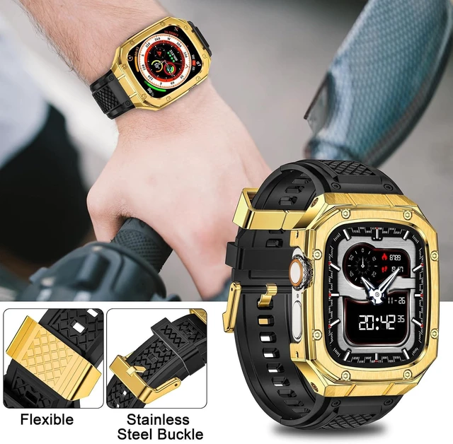 Alt view image 5 of 7 - SUPLINK for Apple Watch Ultra 2 Bands/4/1/Apple Ultra Watch 3 Bands for Men
Silicone Band with Stainless Steel Rugged Case Protective Bumper for iWatch Bands Men, Gold