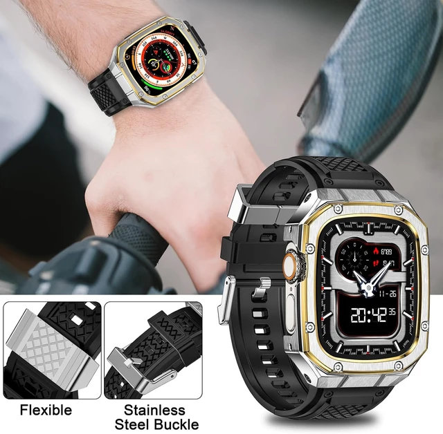 Alt view image 2 of 7 - SUPLINK for Apple Watch Ultra 2 Bands/4/1/Apple Ultra Watch 3 Bands for Men
Silicone Band with Stainless Steel Rugged Case Protective Bumper for iWatch Bands Men, Gold Silver/Gold-49