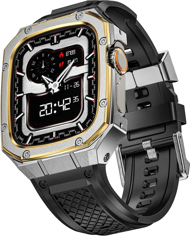 Main image of SUPLINK for Apple Watch Ultra 2 Bands/4/1/Apple Ultra Watch 3 Bands for Men
Silicone Band with Stainless Steel Rugged Case Protective Bumper for iWatch Bands Men, Gold Silver/Gold-49