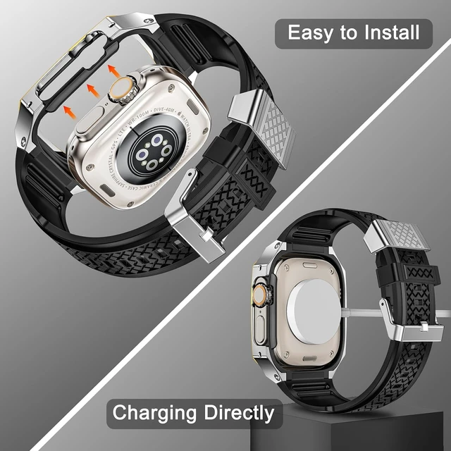 Alt view image 6 of 7 - SUPLINK for Apple Watch Ultra 2 Bands/4/1/Apple Ultra Watch 3 Bands for Men
Silicone Band with Stainless Steel Rugged Case Protective Bumper for iWatch Bands Men, Gold Silver/Gold-49