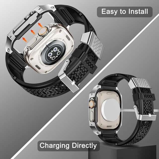 Alt view image 4 of 7 - SUPLINK for Apple Watch Ultra 2 Bands/4/1/Apple Ultra Watch 3 Bands for Men
Silicone Band with Stainless Steel Rugged Case Protective Bumper for iWatch Bands Men, Gold Silver-49